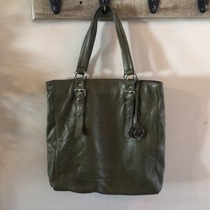 Michael kors olive green silver logo leather tote